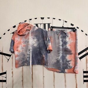 Tie Dye Blue Gray Skirt Hoodie Set